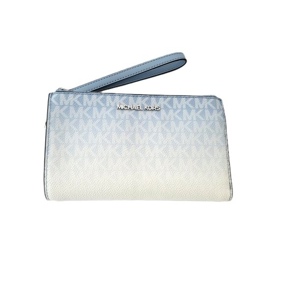 Michael Kors Jet Set Travel Large Double Zip Wristlet Clutch MK Ombre Light Sky - Picture 4 of 7